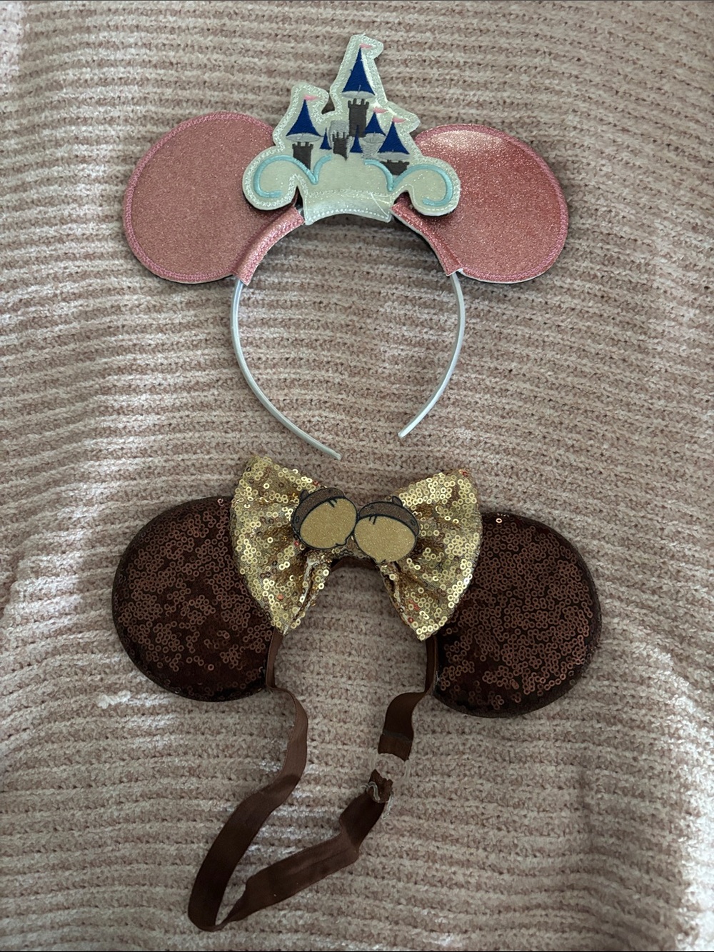 Disney Pink Castle Minnie Ears Headband + Brown Sequin Minnie Ears with Gold Bow